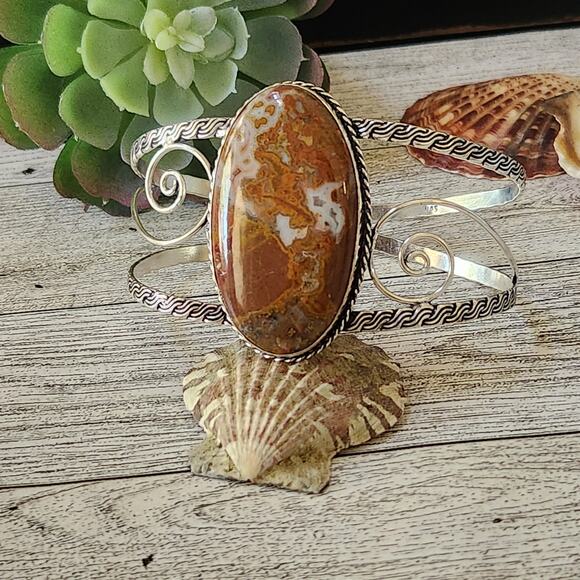 Sunset Blaze Orange Agate Wide Silver Cuff, Vibrant Sterling Silver Bracelet - Picture 4 of 10